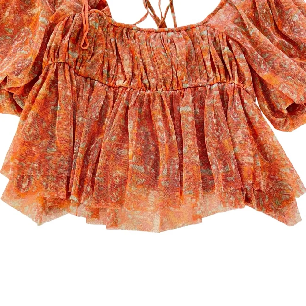 NWT Free People Babydoll Penelope Blouse Women S Peach Floral Short Sleeves Crop